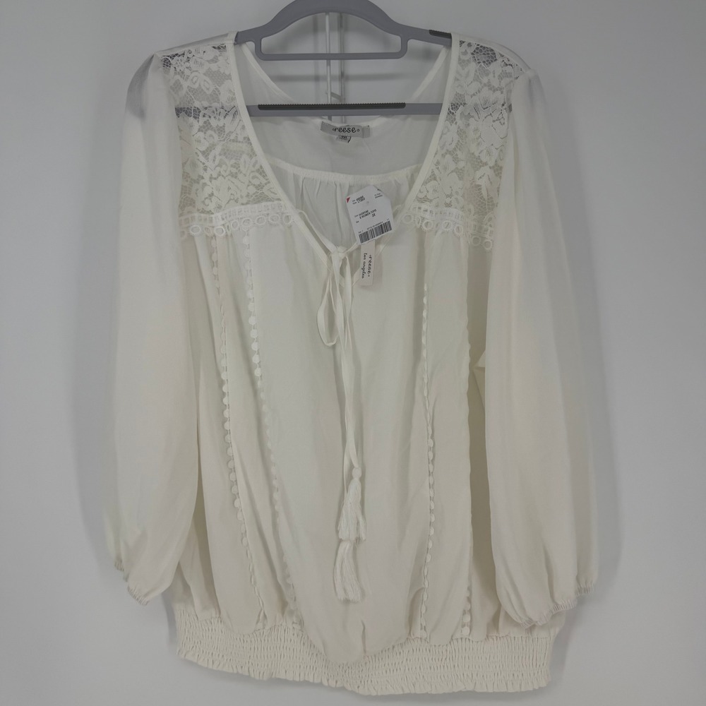 Reese Los Angeles‎ Peasant Blouse Womens 3XL Ivory Lace Tassel Boho Smocked NWT